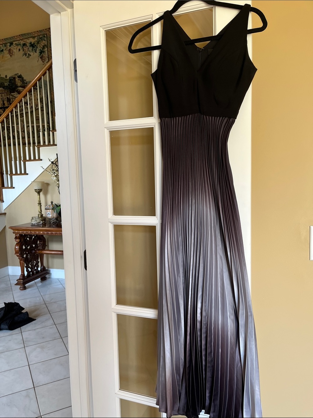 Aqua Brand, Black to Silver Ombre Pleated Maxi Dress